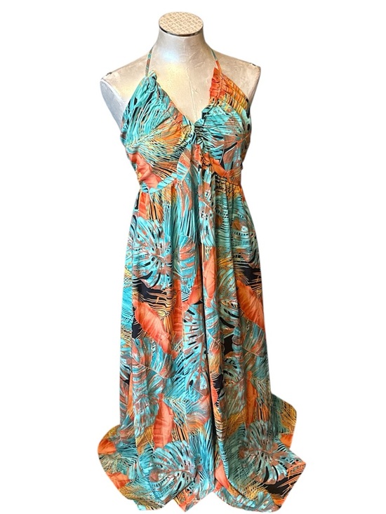 Cupshe Dresses & Skirts - Cupshe Tropical Palm Leaf Halter Maxi Dress Green White Boho Resort Wear Size L